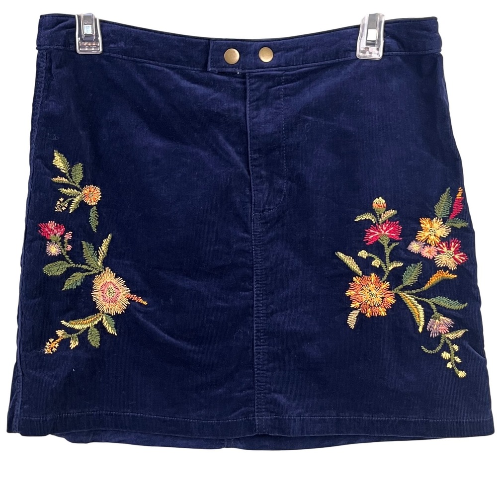 Mossimo Supply Co Mini Skirt 10 Blue‎ Corduroy Embroidered Flowers Boho Hippie
